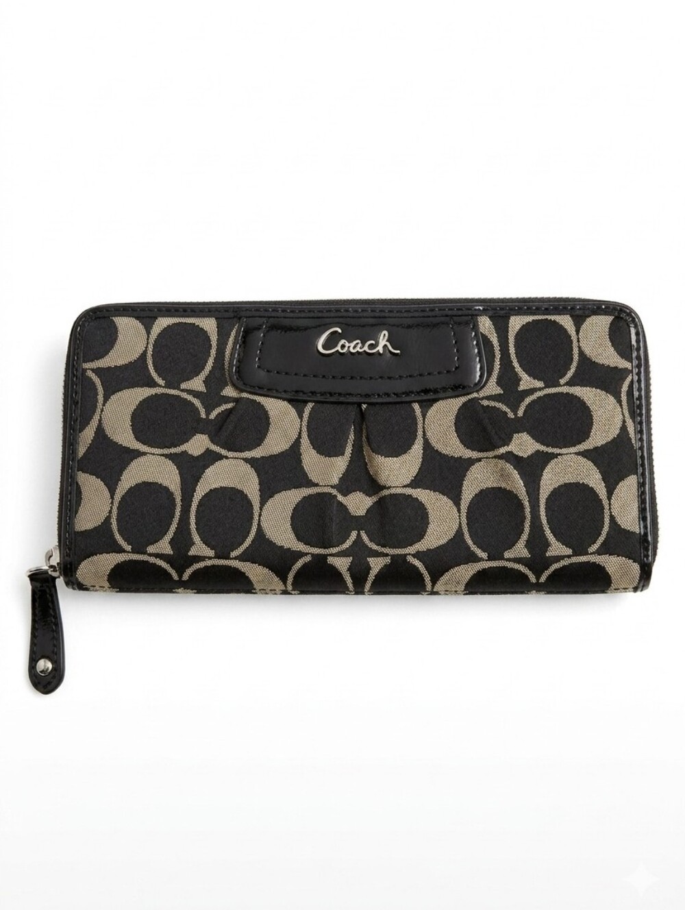 Coach  Ashley Black Khaki Signature Zip Around Wallet